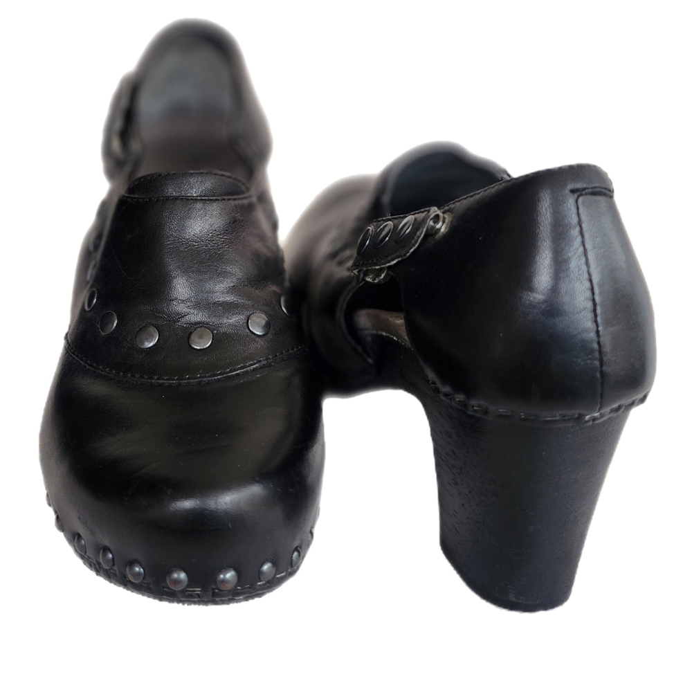 Black Leather Clogs with Silver Studs and Wooden Sole - Picture 3 of 7
